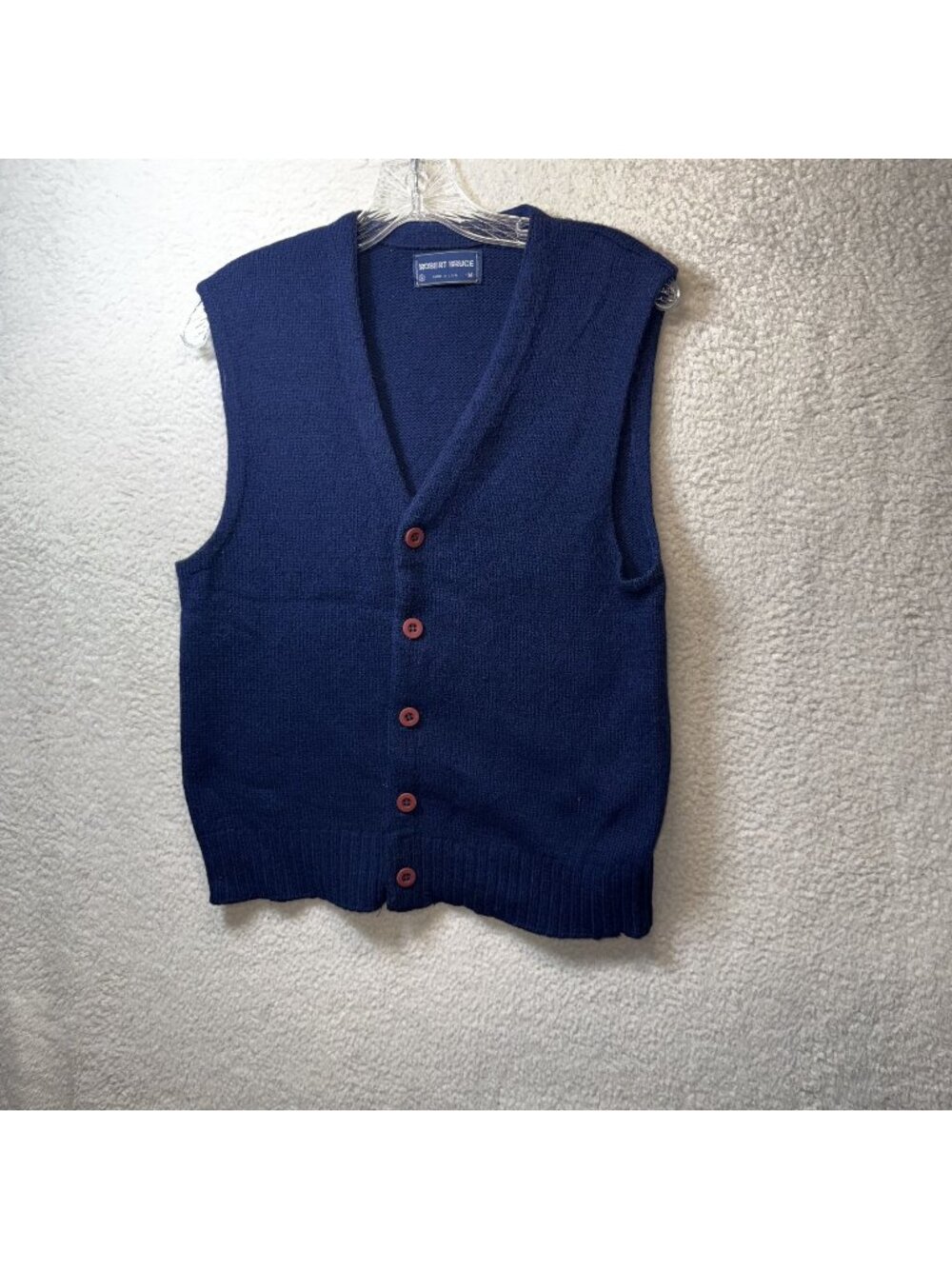 Vintage 60s 70's  Robert Bruce Navy‎ Blue Wool Button Sweater Vest USA M Madmen